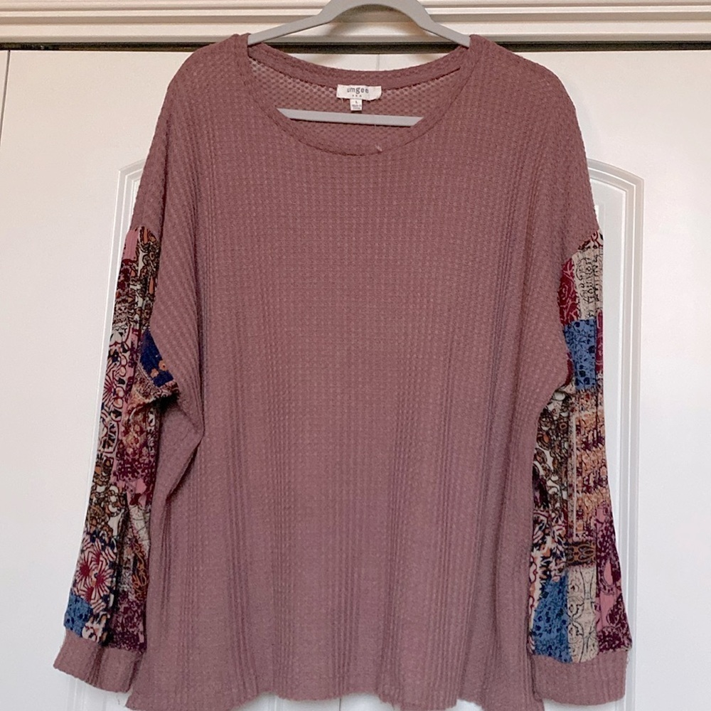 Umgee waffle knit patchwork sleeves top blouse Womens L Oversized cozy Bohemian